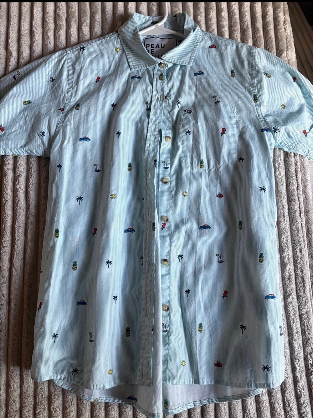 Peau De Loup Light Aqua Striped Shirt with Tiny Tropical Motifs